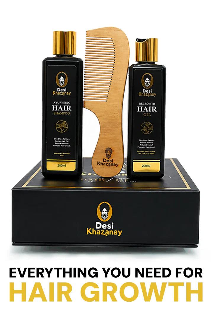 Hair Growth Bundle Pakistan – Complete Hair Care Set (Hair Oil + Shampoo + Wooden Comb)